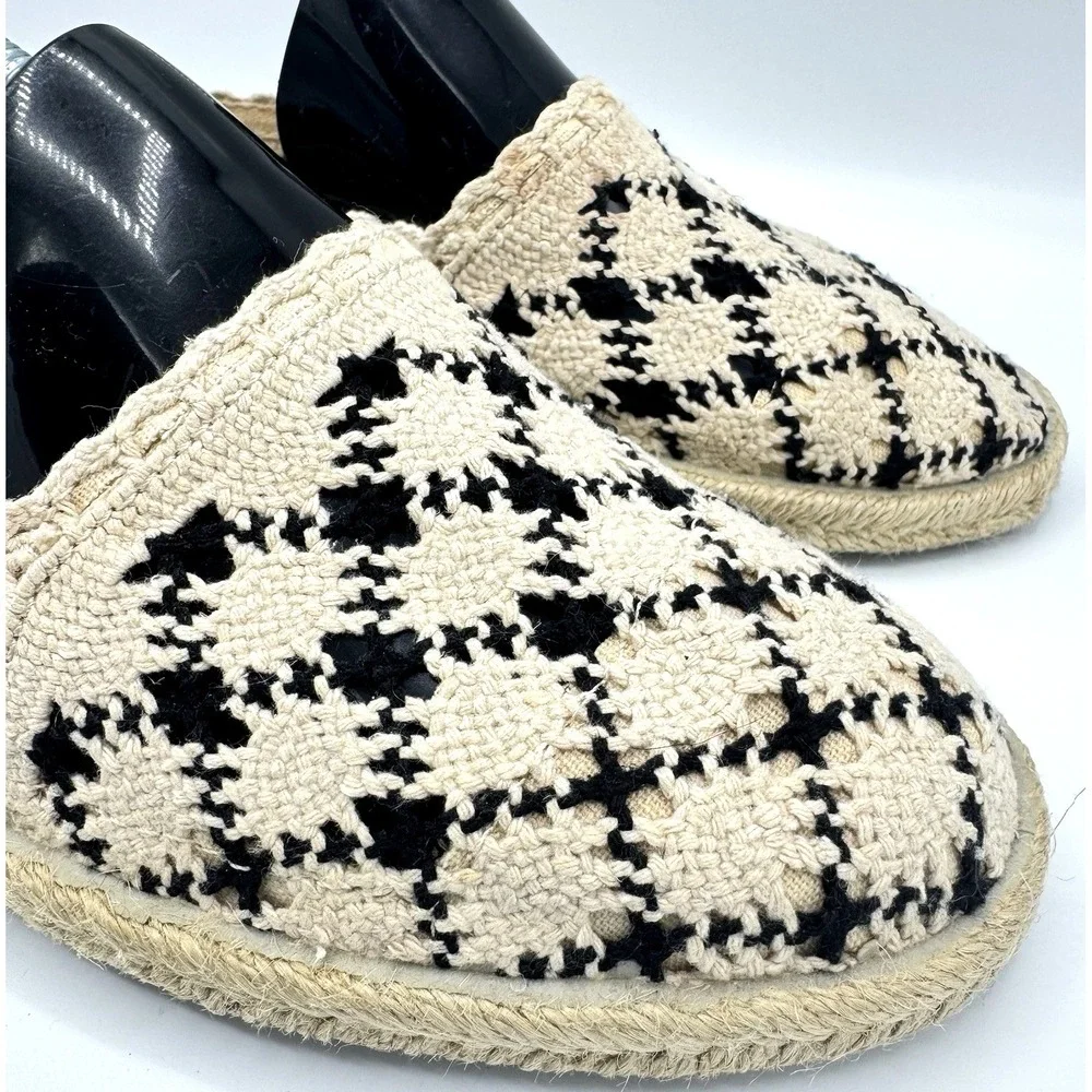Rocket Dog Crochet Espadrille Flats Womens 7.5 Cream Black Slip On Boho Shoes